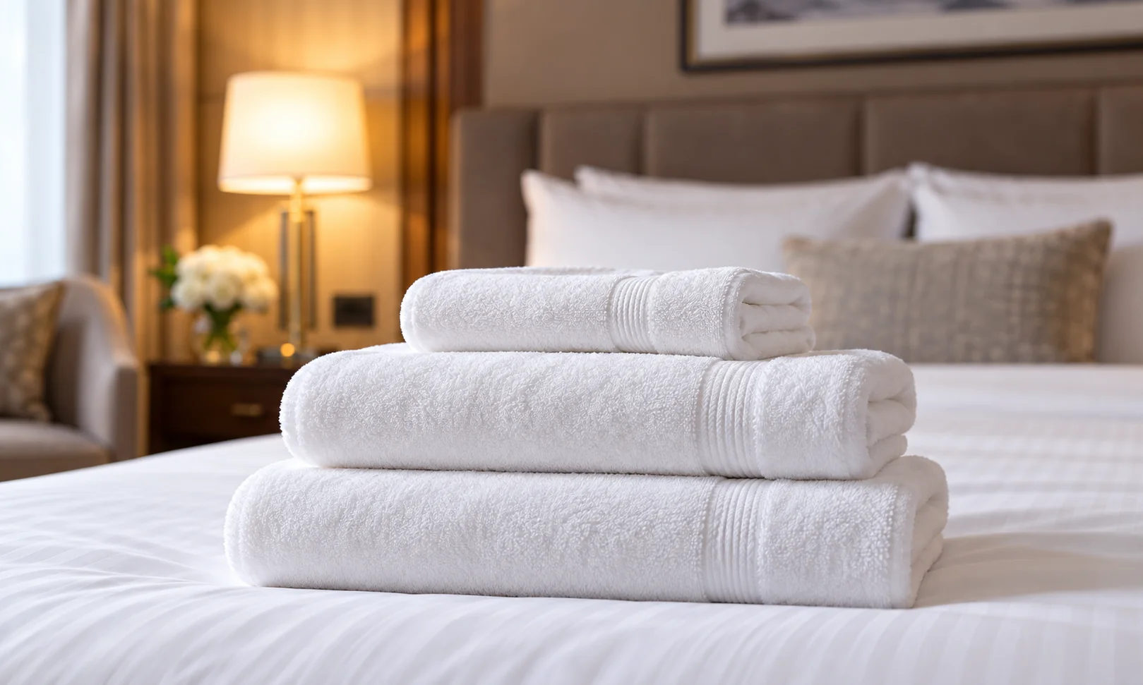 Weiße Handtücher auf einem Hotelbett