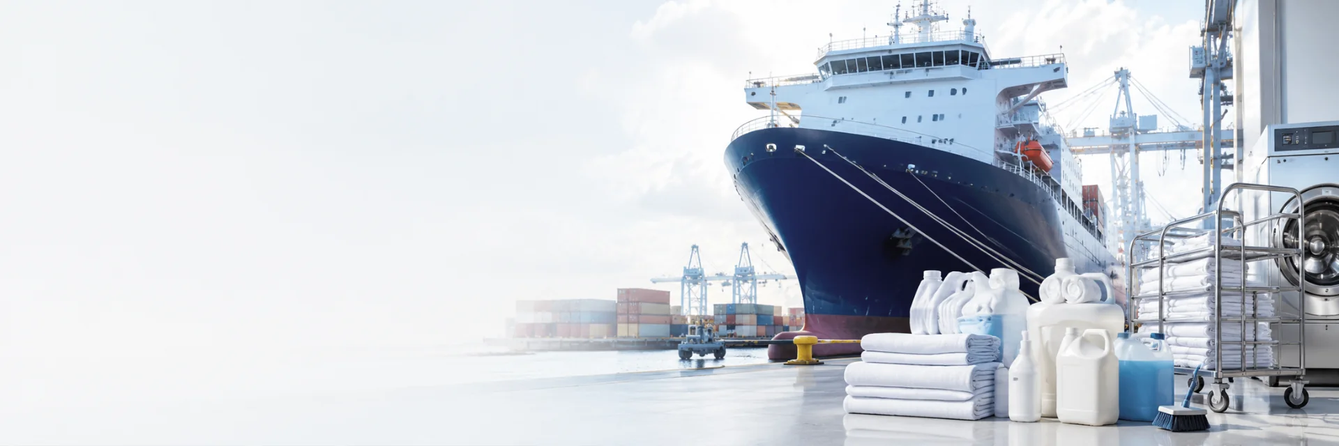 Schiff im Hafen mit Reinigungsmitteln